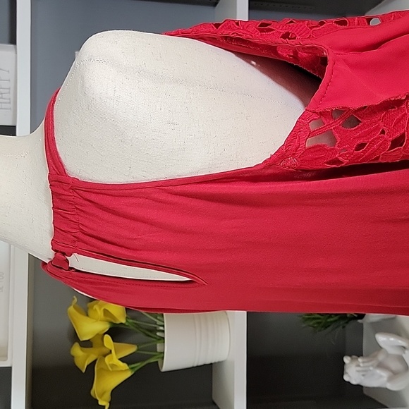 INC Red Lace Top Cold Shoulder - Picture 8 of 10